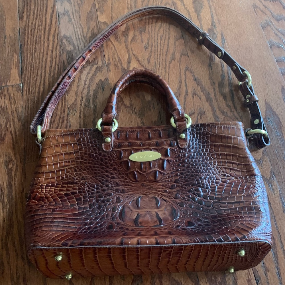 Brahmin Brown Croc Embossed Leather Convertible Satchel Crossbody Bag